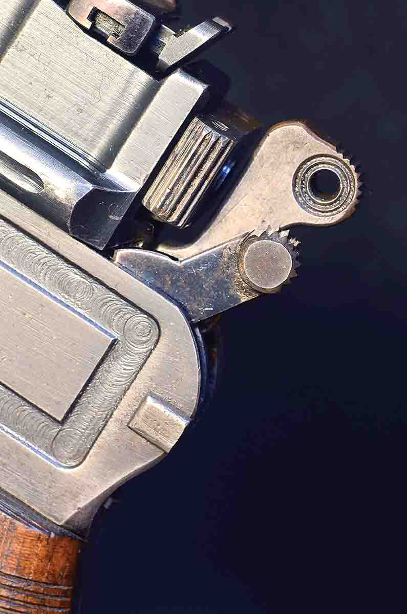 The C96 safety mechanism appears clunky, but it is positive, effective and surprisingly ergonomic. Here, the hammer is at half-cock and the safety is on, locking it in place.